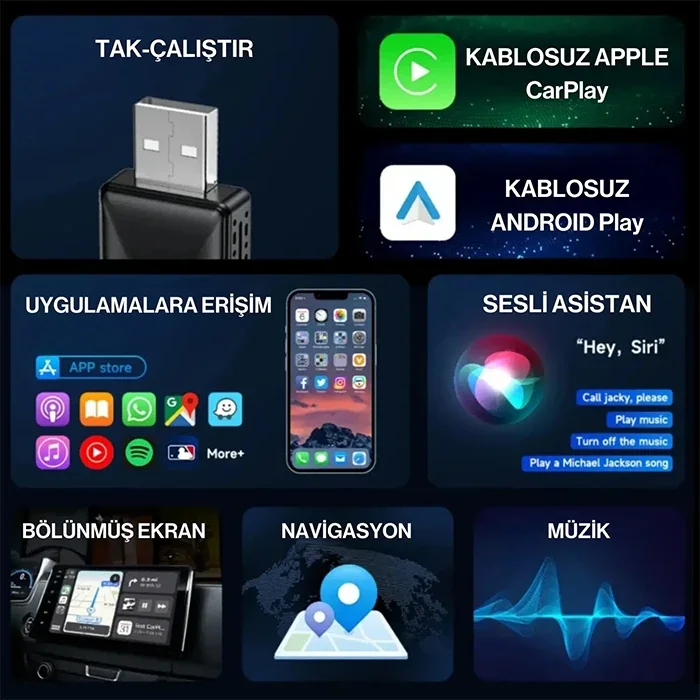 ALLY Kablosuz Car Play Adaptörü Apple Ve Android Cihazlar Için Wireless Carplay Çevirici-1852 ALLY Kablosuz Car Play Adaptörü Apple Ve Android Cihazlar Için Wireless Carplay Çevirici-1852