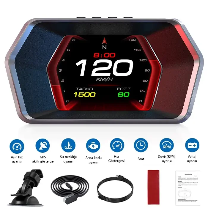 Ally P17 HUD OBD2 &amp; GPS Çift Sistemli Araç Bilgisayarı | Dijital Kilometre Su ve Yağ Sıcaklığı Ölçer Hız &amp; Alarm Göstergeli Oto Elektroniği-18