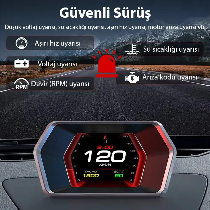 Ally P17 HUD OBD2 &amp; GPS Çift Sistemli Araç Bilgisayarı | Dijital Kilometre Su ve Yağ Sıcaklığı Ölçer Hız &amp; Alarm Göstergeli Oto Elektroniği-18