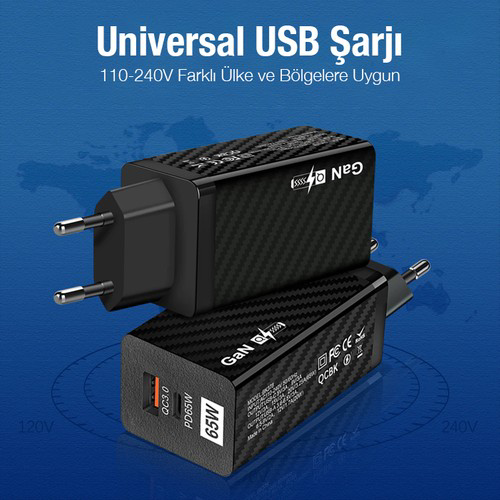 Ally  Pd 65W Gan Usb + Type-C Hizli Şarj Başliği Şarj Aleti All-35