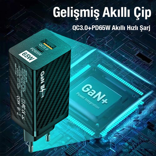 Ally  Pd 65W Gan Usb + Type-C Hizli Şarj Başliği Şarj Aleti All-35