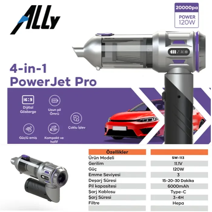 ALLY Powerjet Pro 20000pa Güçlü Portatif 3 Kademeli Tasinabilir Vakumlu Kablosuz Üflemeli Mini Araç Süpürgesi-1852 ALLY Powerjet Pro 20000pa Güçlü Portatif 3 Kademeli Tasinabilir Vakumlu Kablosuz Üflemeli Mini Araç Süpürgesi-1852