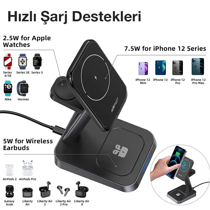 ALLY W68 15W 3in1 Manyetik ve Katlanabilir Portatif Masaüstü Kablosuz Şarj Standı-1852