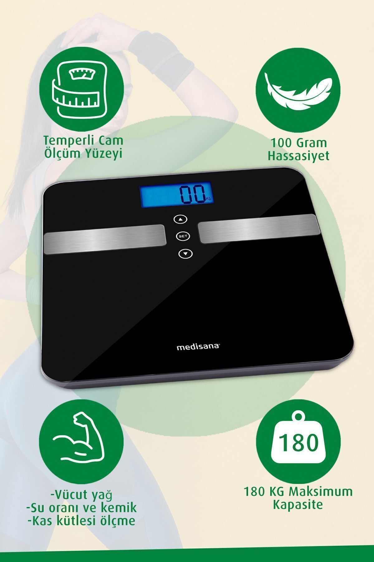Medisana Alman Tasarım Geniş İşıklı Lcd Ekranlı Yağ Ölçer Fonksiyonlu Vücu