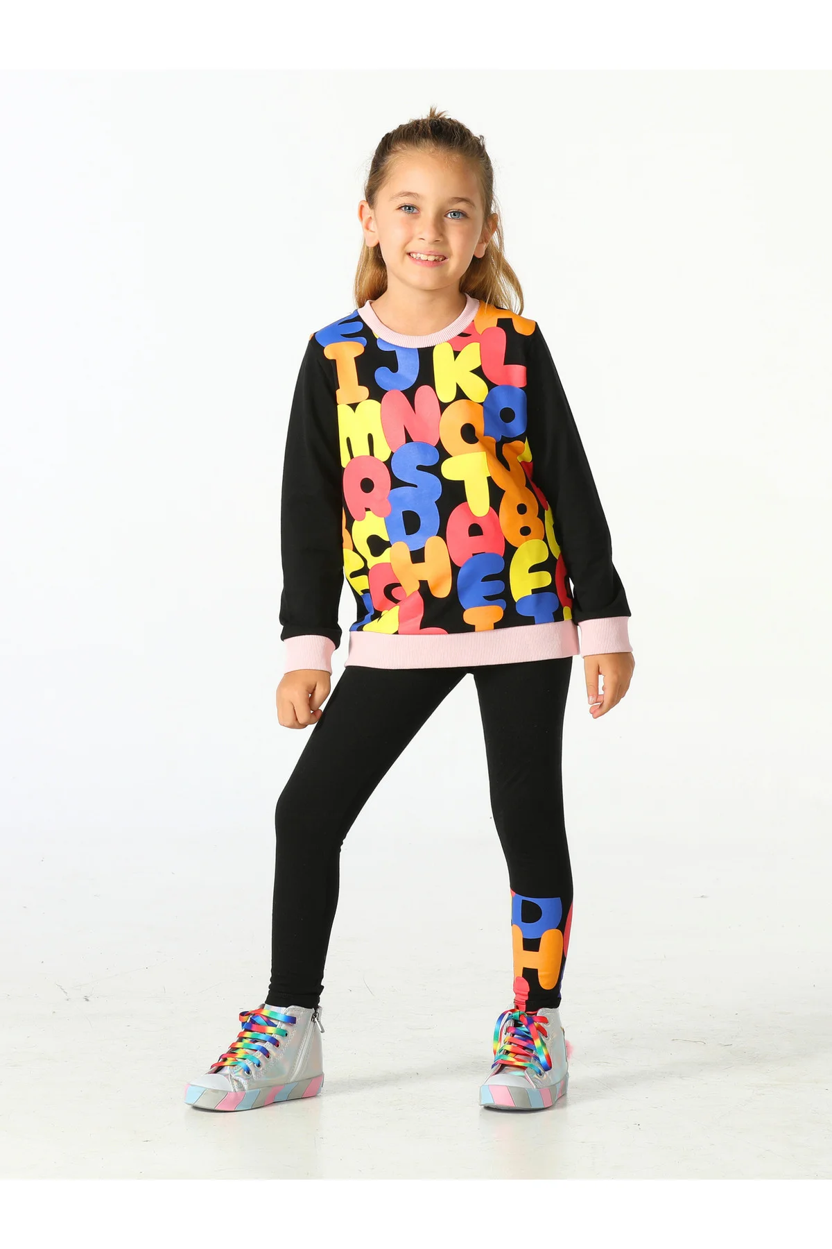 Alphabet Desenli Kız Çocuk Sweatshirt Takım