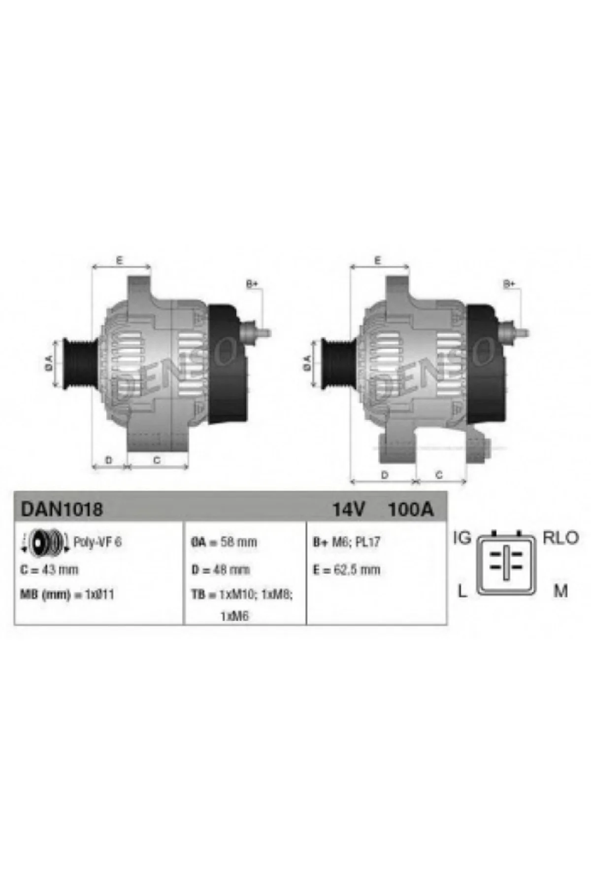 ALTERNATOR COROLLA 12V. 100 AMP 1.4 D 4D 07- - DENSO DAN1018
