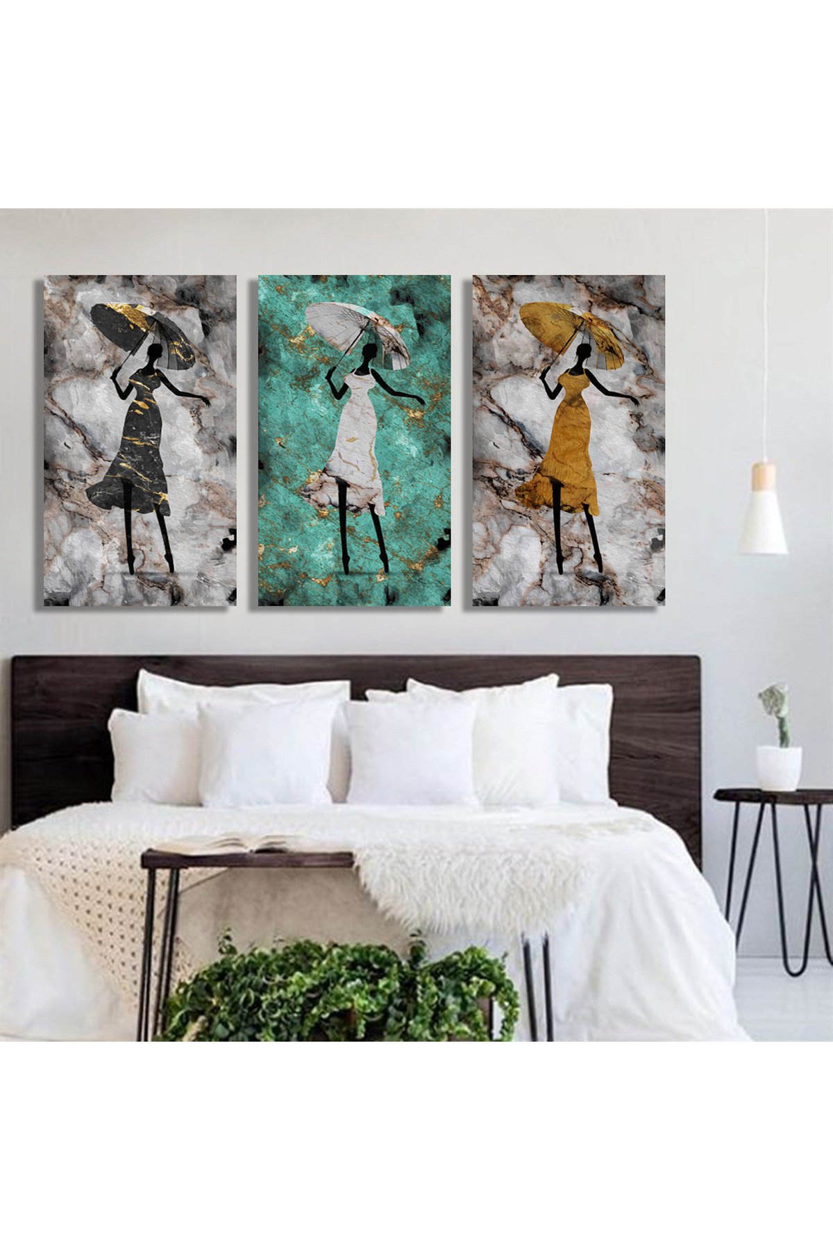 Korkmazkanvas Altın Doku Afrikalı Kız Balerin Lüks Soyut 3'Lü Kanvas Tablo