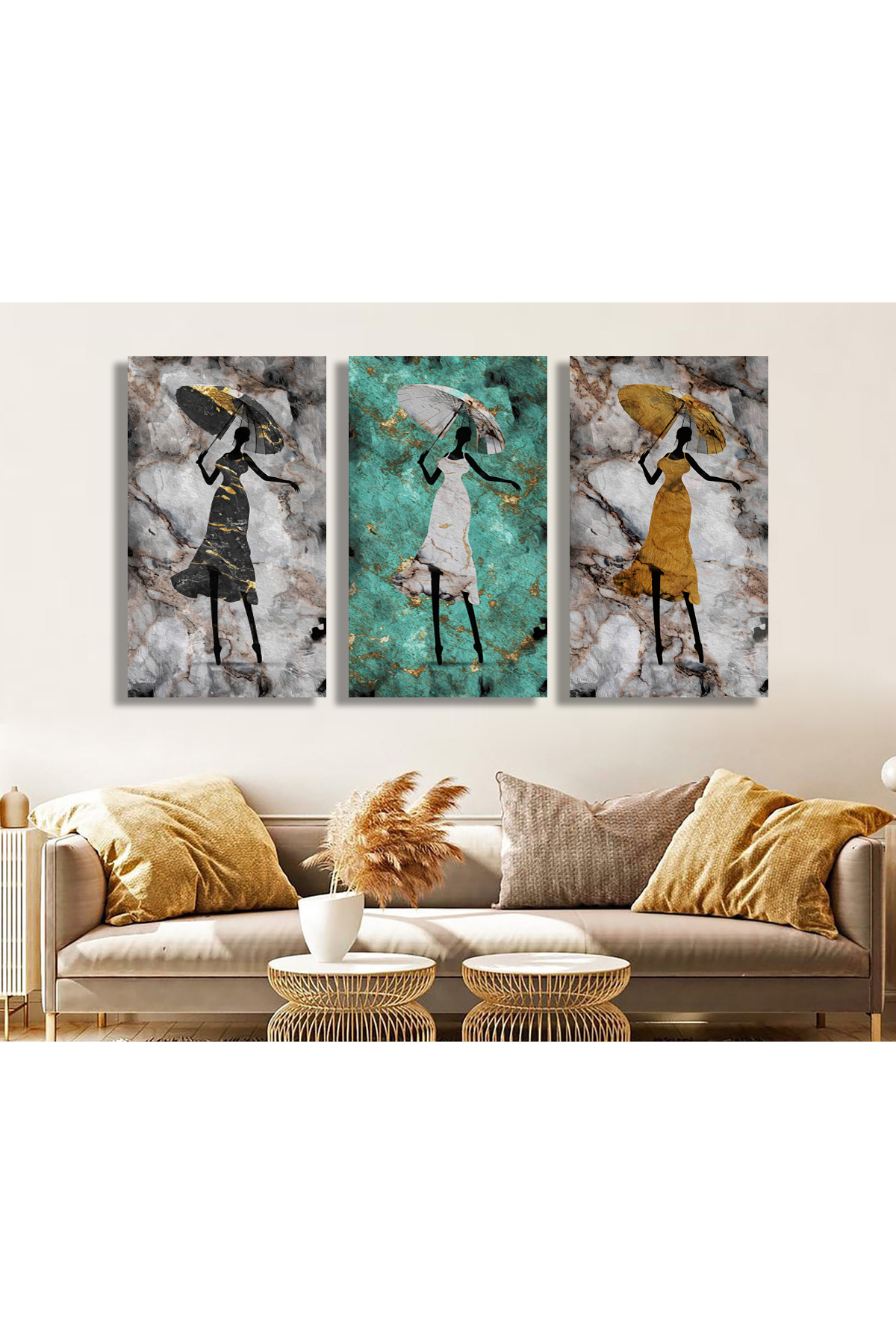 Korkmazkanvas Altın Doku Afrikalı Kız Balerin Lüks Soyut 3'Lü Kanvas Tablo