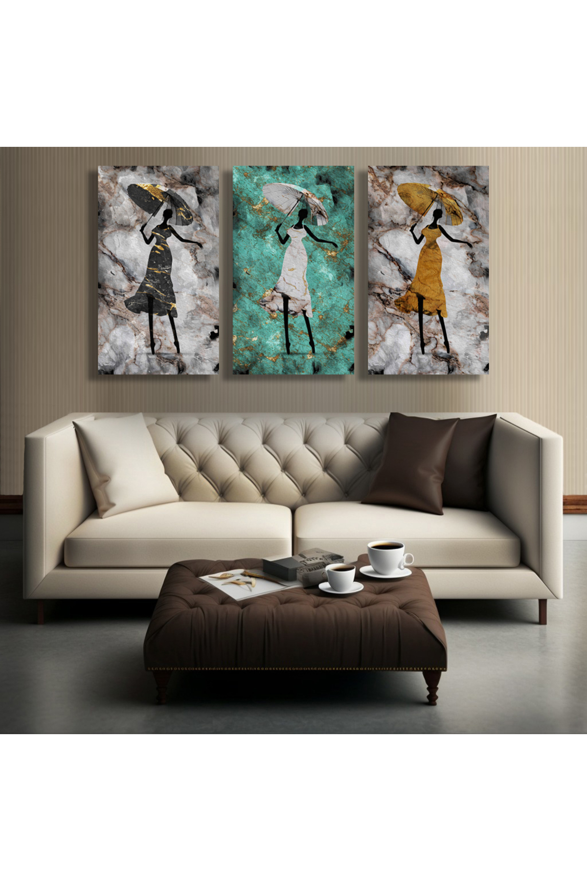 Korkmazkanvas Altın Doku Afrikalı Kız Balerin Lüks Soyut 3'Lü Kanvas Tablo
