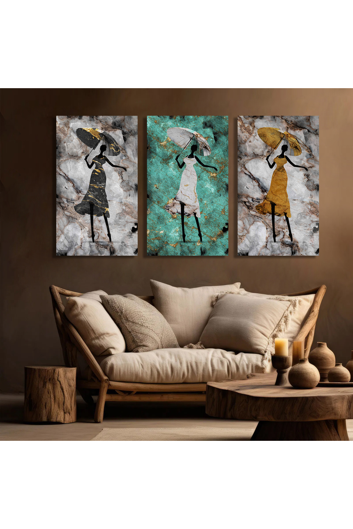 Korkmazkanvas Altın Doku Afrikalı Kız Balerin Lüks Soyut 3'Lü Kanvas Tablo