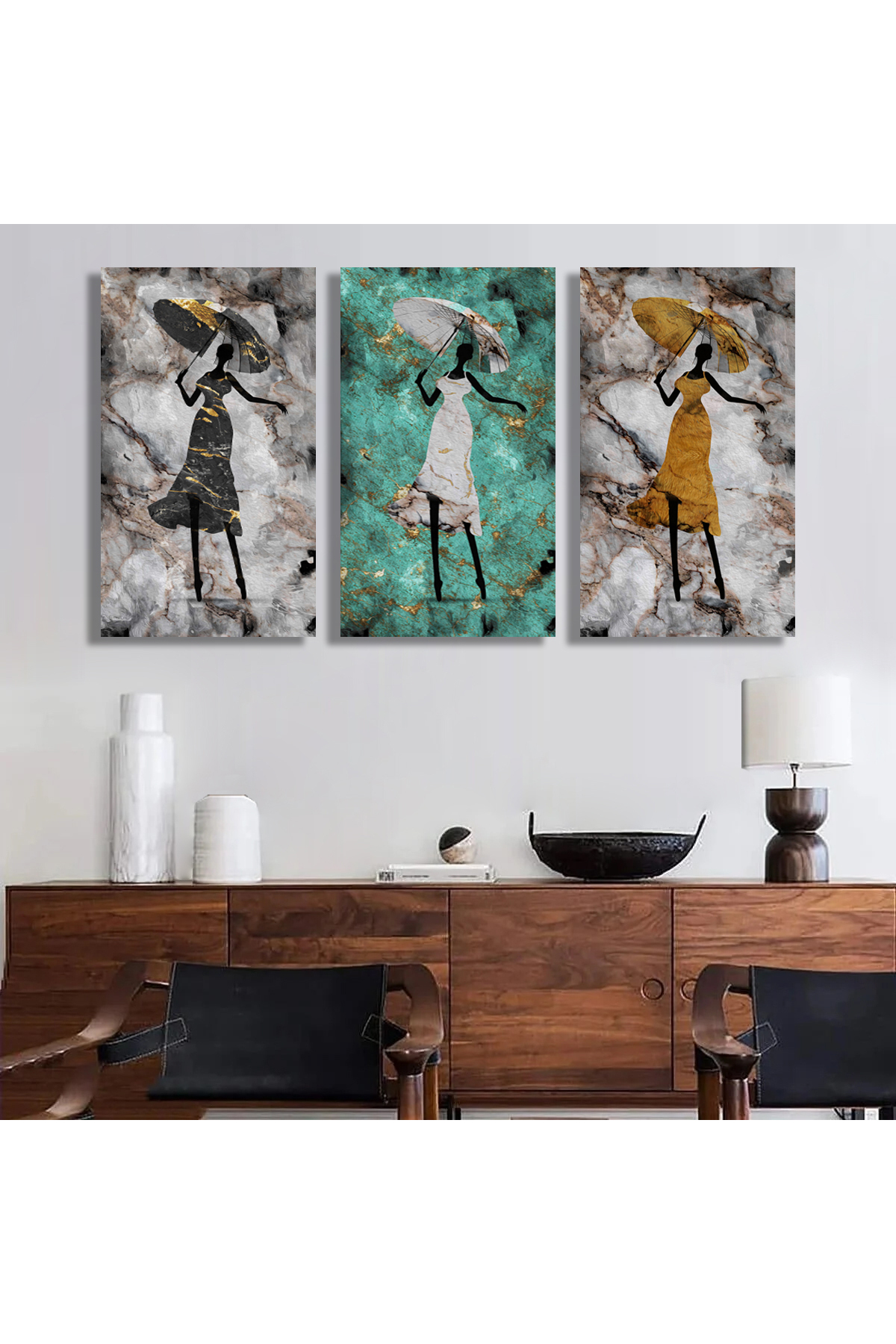 Korkmazkanvas Altın Doku Afrikalı Kız Balerin Lüks Soyut 3'Lü Kanvas Tablo