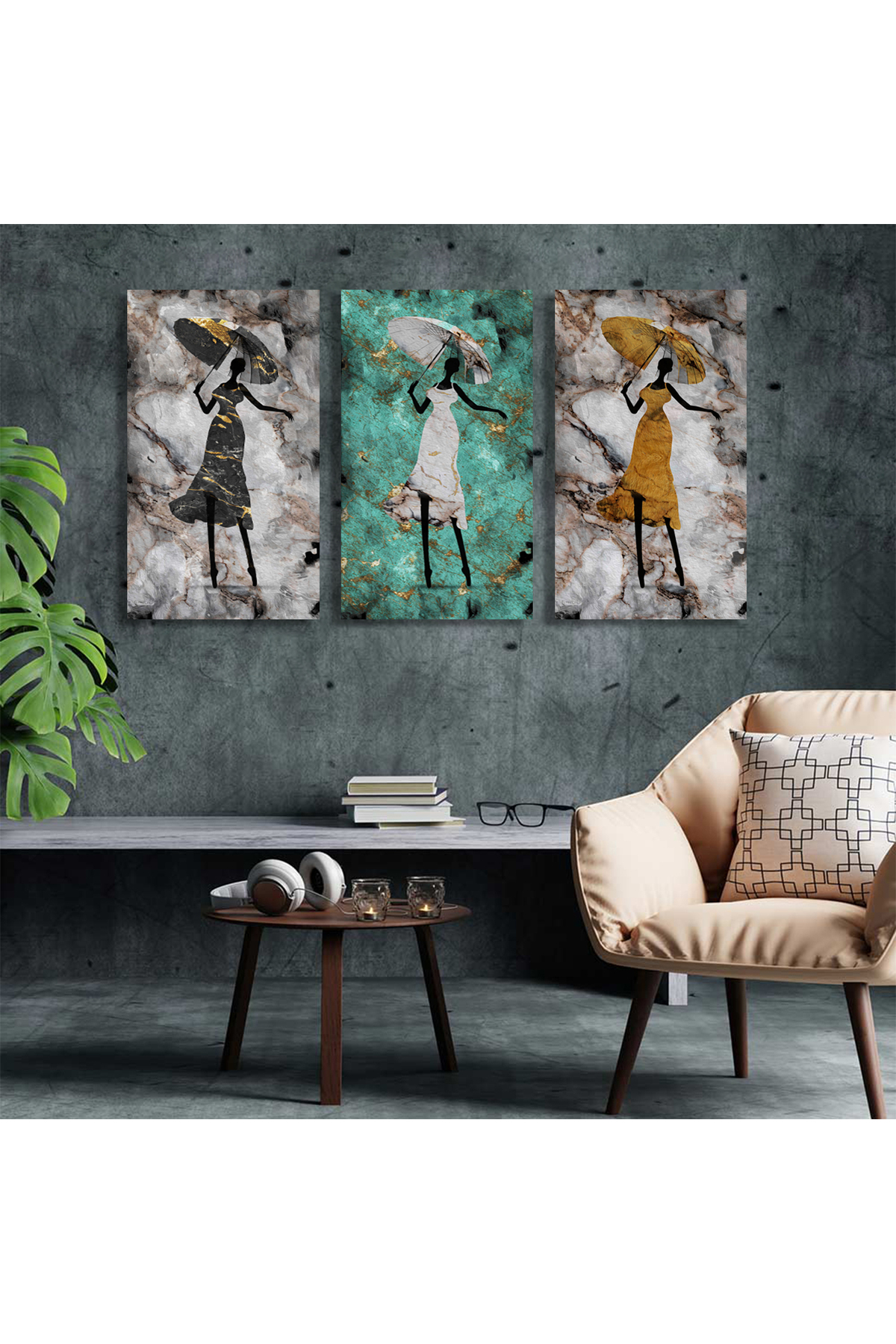 Korkmazkanvas Altın Doku Afrikalı Kız Balerin Lüks Soyut 3'Lü Kanvas Tablo