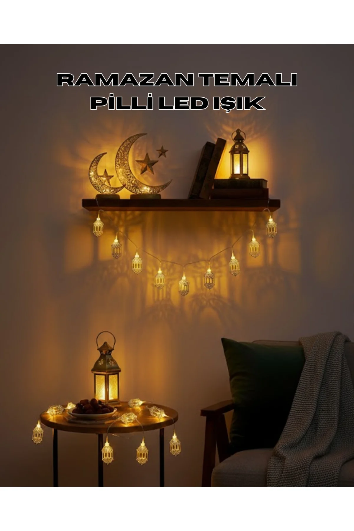 Altın Fener Detaylı Pilli Ramazan LED Işık Ev Dekorasyonu