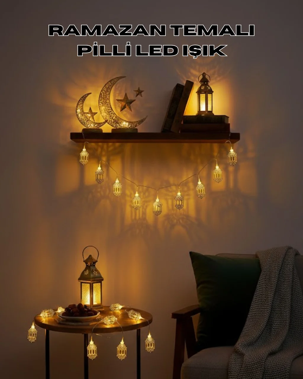 Altın Fener Detaylı Pilli Ramazan Led Işık Ev Dekorasyonu - Lisinya Diğer