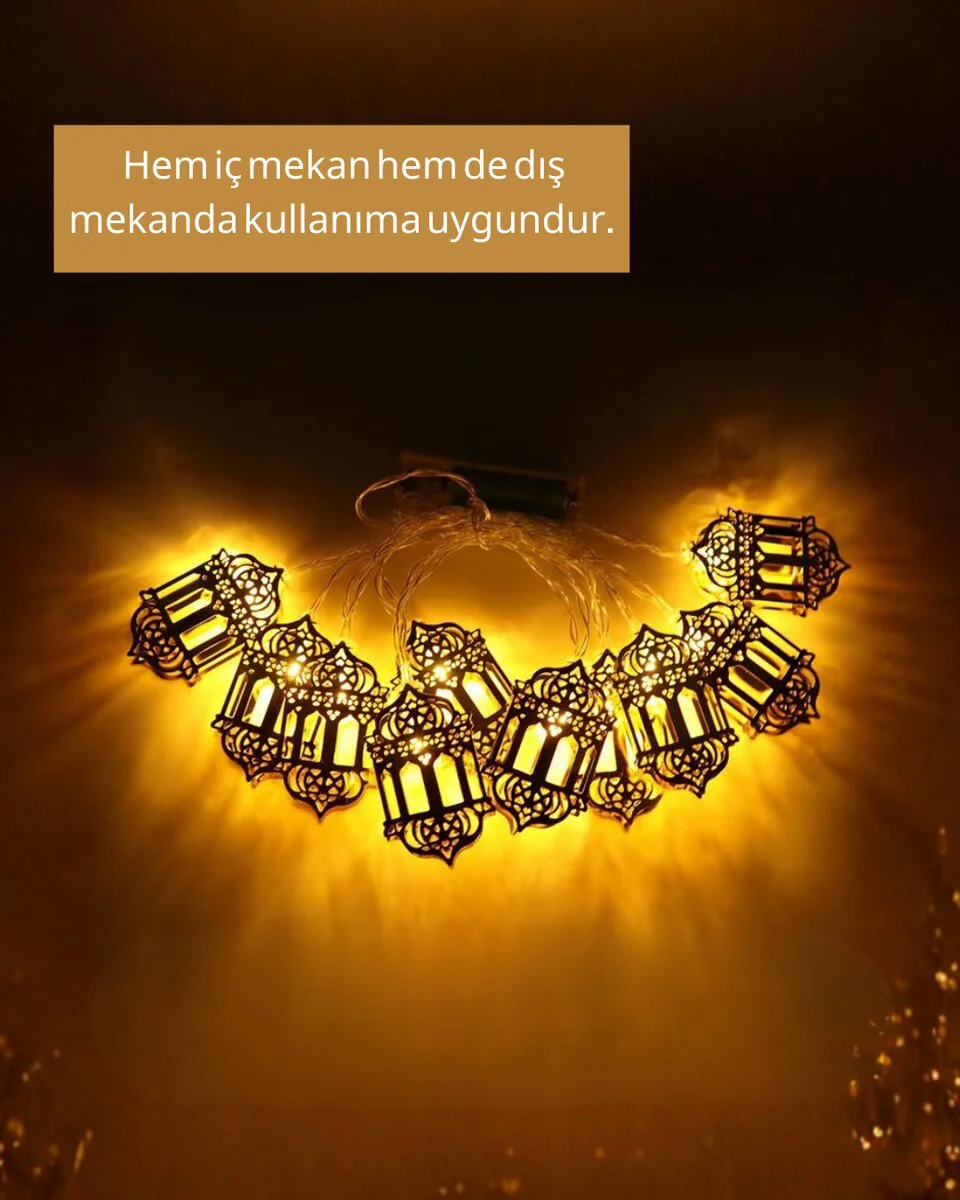 Altın Fener Detaylı Pilli Ramazan LED Işık Ev Dekorasyonu - Huzurlu Atmosfer