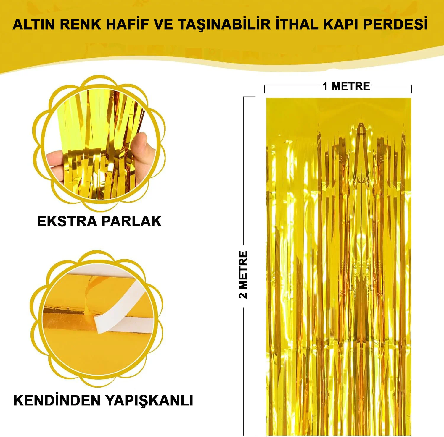 Altın Gold Metalize Saçaklı Arka Fon Perde – 1x2 Metre İthal A Kalite