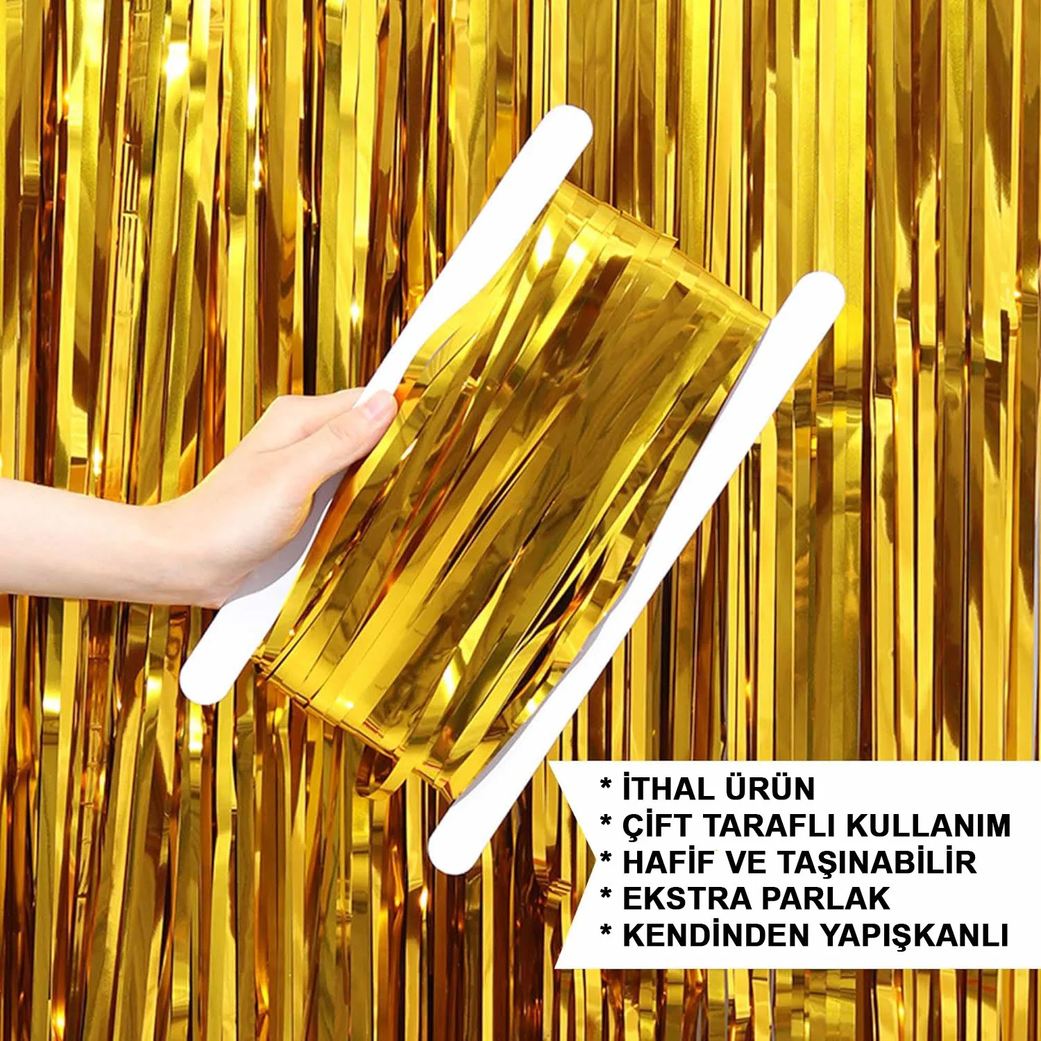 Altın Gold Metalize Saçaklı Arka Fon Perde – 1x2 Metre İthal A Kalite