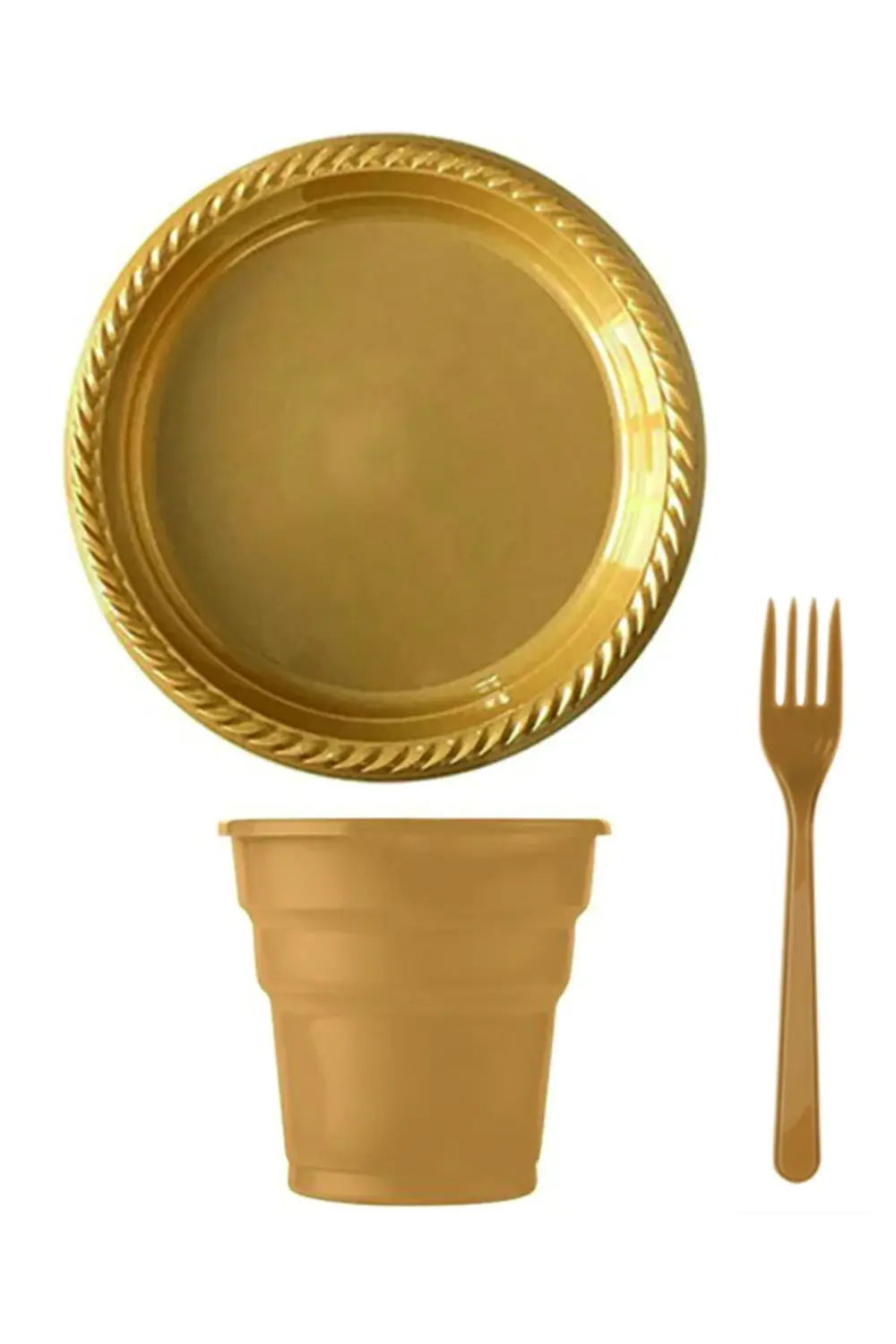 Altın Gold Plastik Tabak Bardak Çatal Seti 75 Parça
