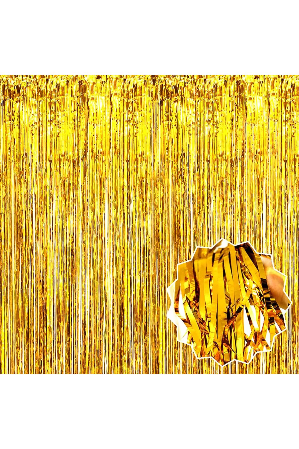 Altın Gold Renk Ekstra Metalize Parlak Saçaklı Arka Fon Perde İthal A Kalite 1x2 Metre  GO506089Gos