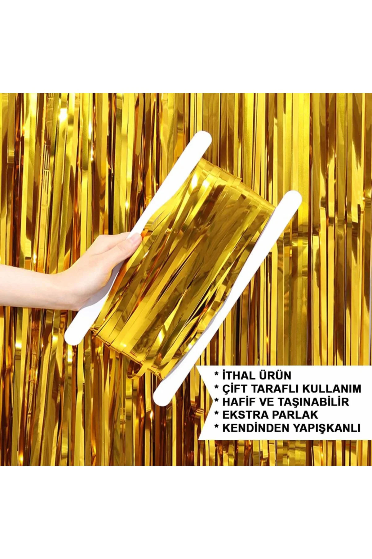 Altın Gold Renk Ekstra Metalize Parlak Saçaklı Arka Fon Perde İthal A Kalite 1x2 Metre NessiWorld