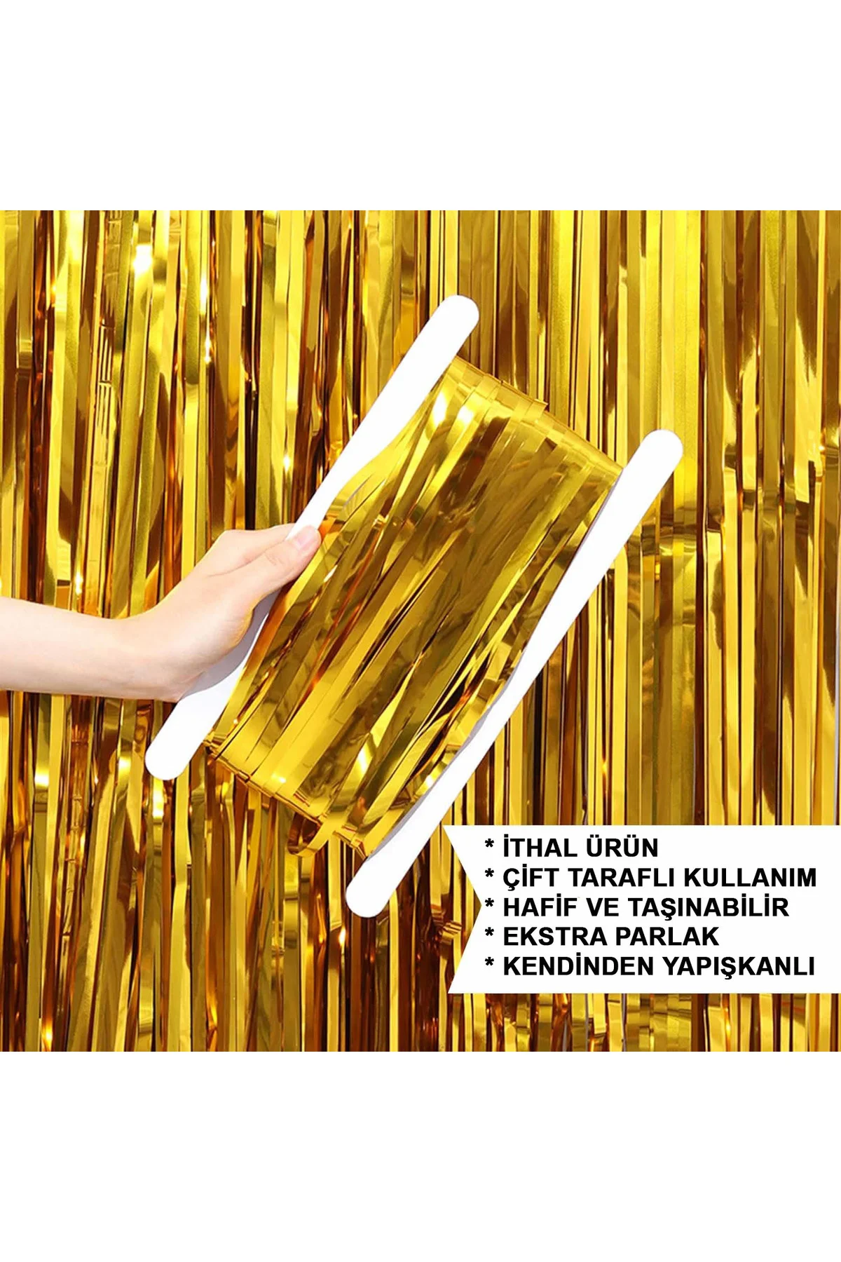 Altın Gold Renk Ekstra Metalize Parlak Saçaklı Arka Fon Perde İthal A Kalite 1x2 Metre  GO506089Gos