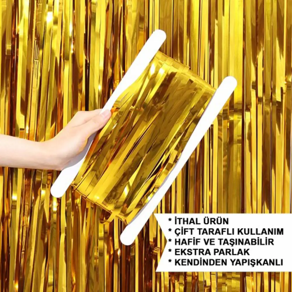 Altın Gold Renk Ekstra Metalize Parlak Saçaklı Arka Fon Perde İth