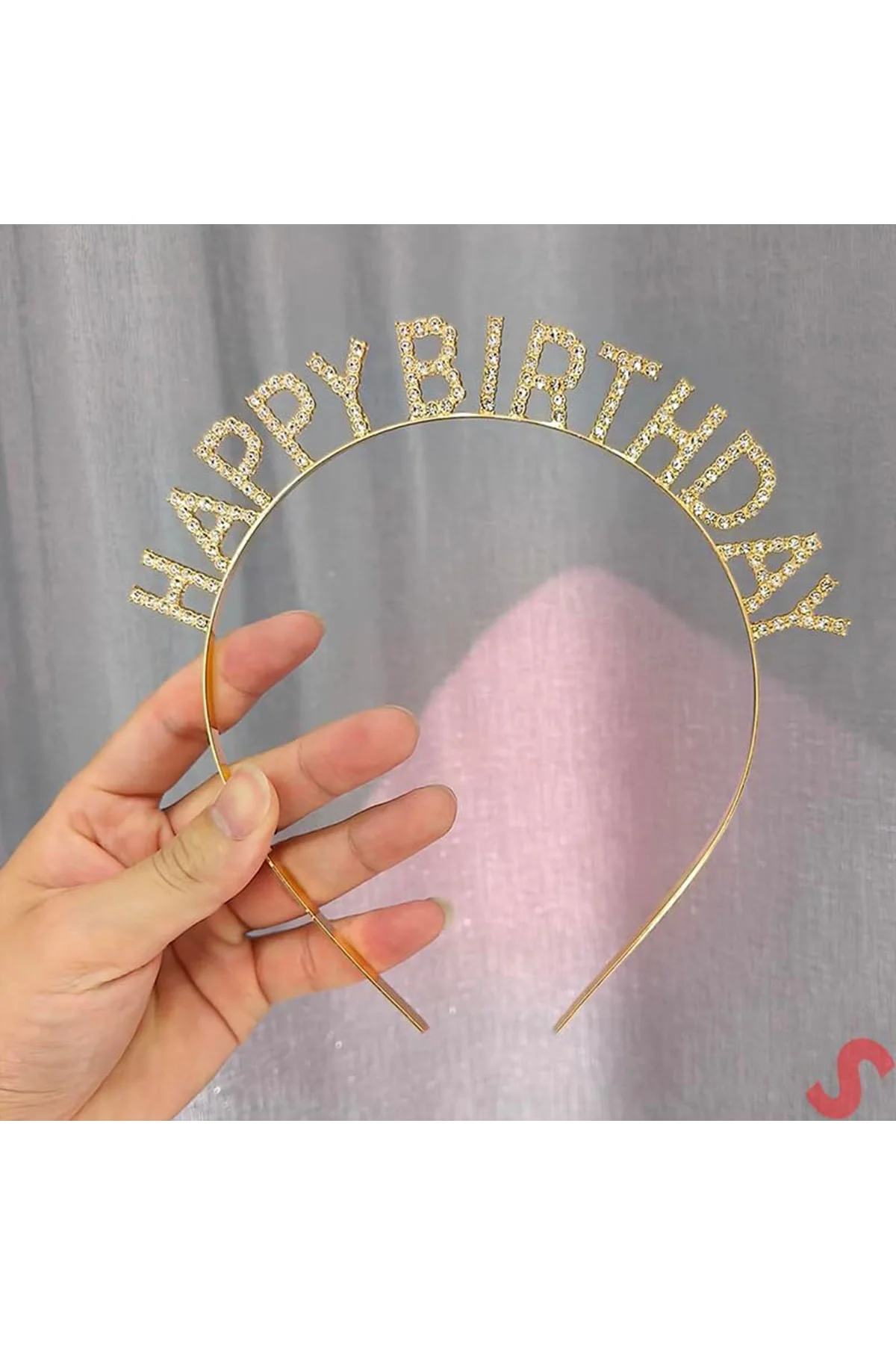 Altın Gold Renk Kristal Taşlı Parlak Happy Birthday Taç 16x17 cm  GO506089Gosa4583