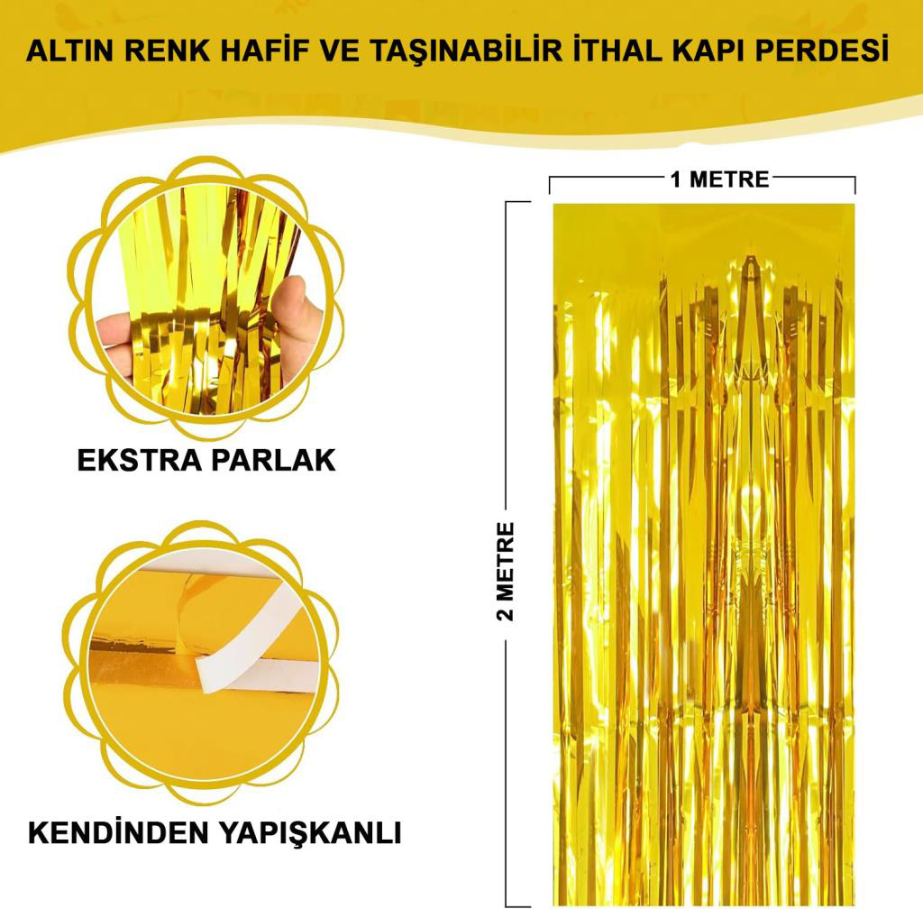 Altın Gold Renk Ekstra Metalize Parlak Saçaklı Arka Fon Perde İth
