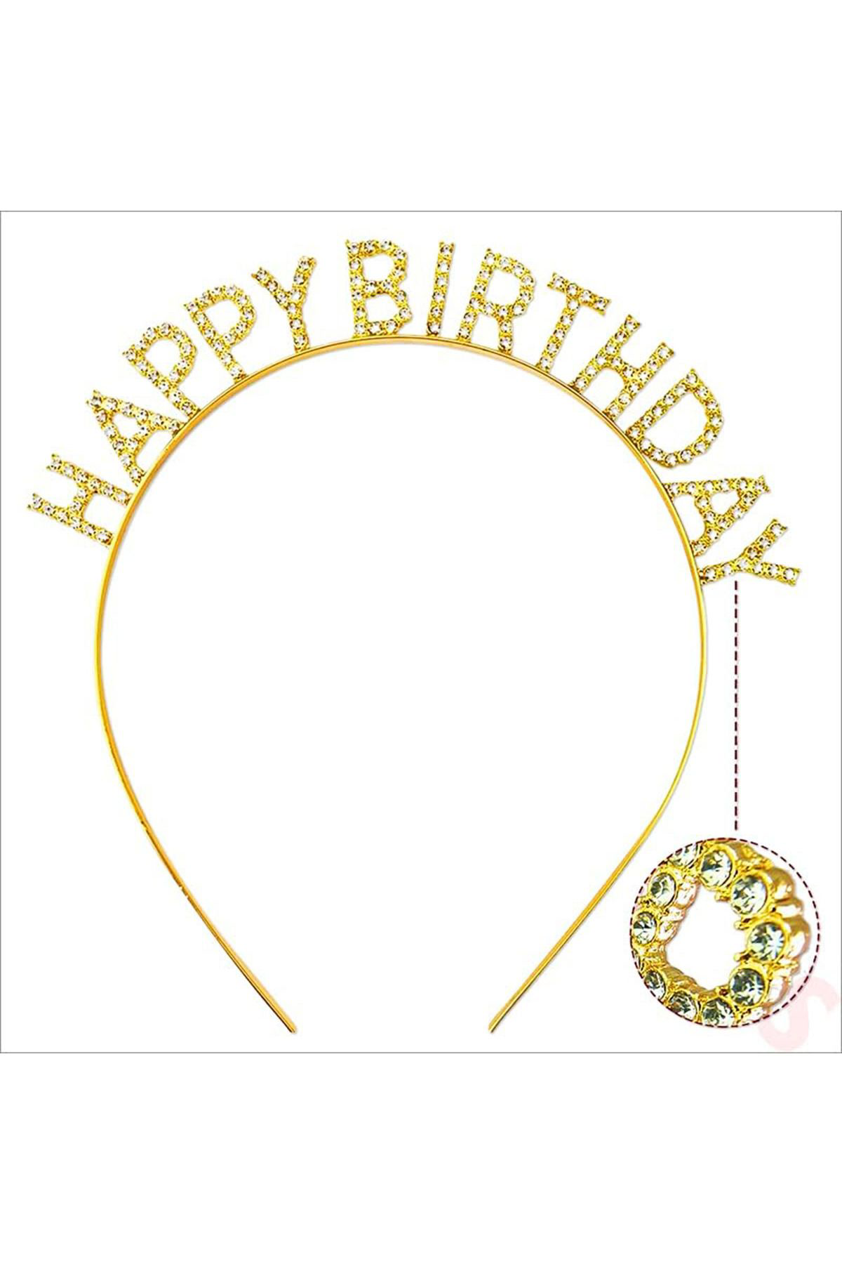 Ok Aksesuar Altin Gold Renk Kristal Taşli Parlak Happy Birthday Taç 16X17 Cm