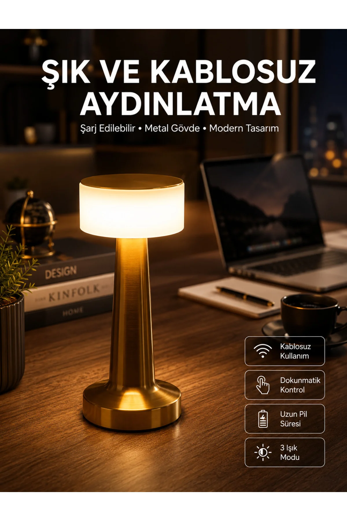 Altın Rengi Masa ve Gece Lambası Dokunmatik Şarjlı Masa Lambası