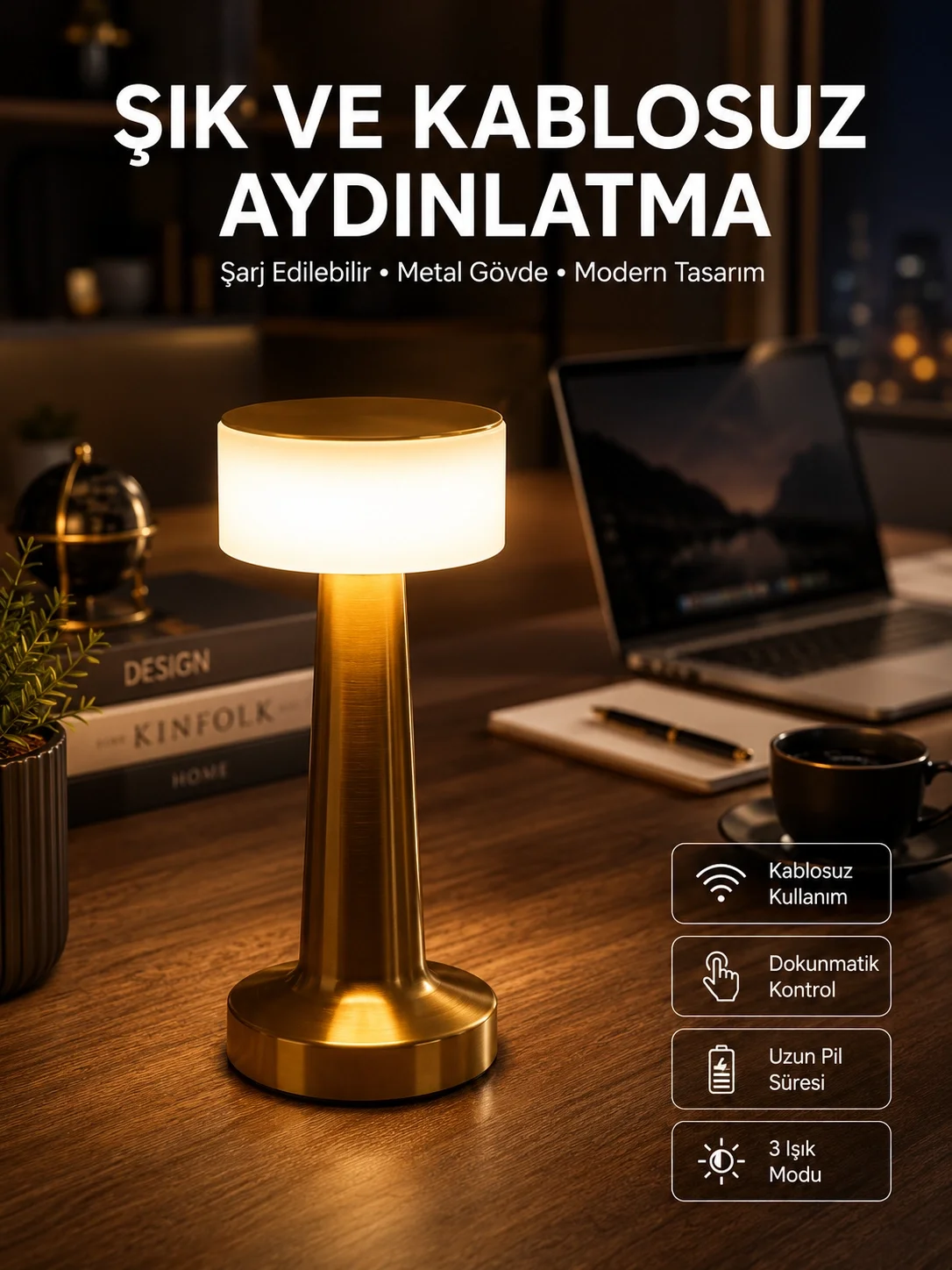 Altın Rengi Masa ve Gece Lambası Dokunmatik Şarjlı Masa Lambası Fiyatı, Yorumları ve Özellikleri