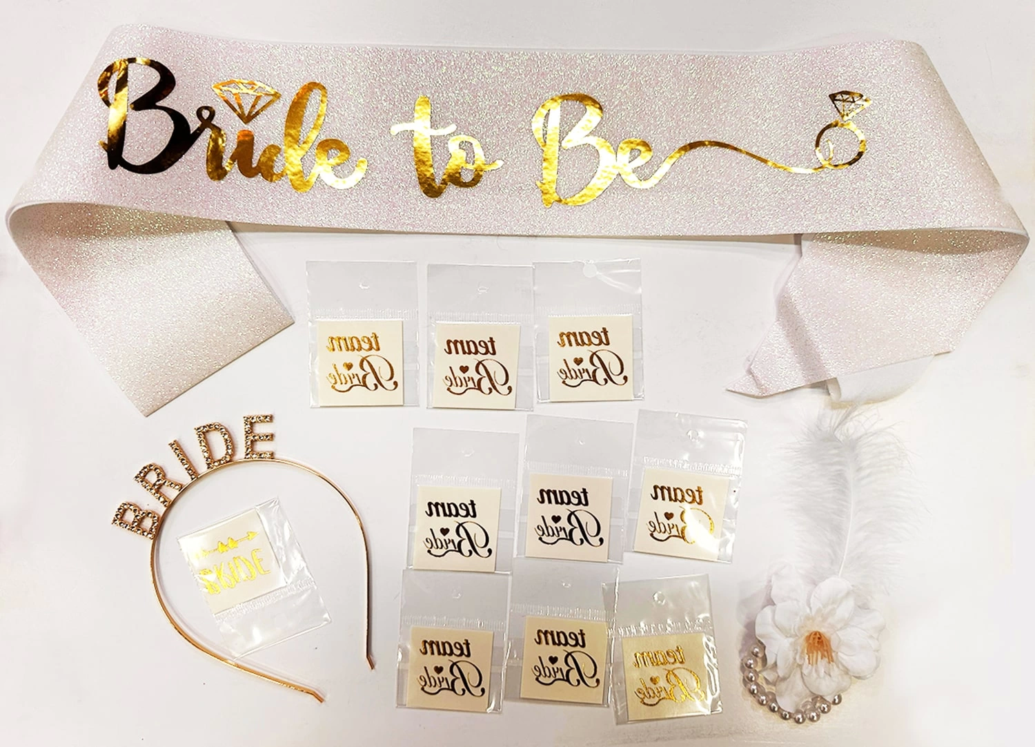 Altın Renk Bride Partisi Taç Kuşak Dövme Bileklik Seti Full 13 Pa Altın Renk Bride Partisi Taç Kuşak Dövme Bileklik Seti Full 13 Pa