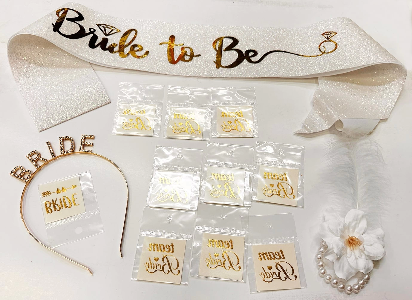Altın Renk Bride Partisi Taç Kuşak Dövme Bileklik Seti Full 13 Pa Altın Renk Bride Partisi Taç Kuşak Dövme Bileklik Seti Full 13 Pa