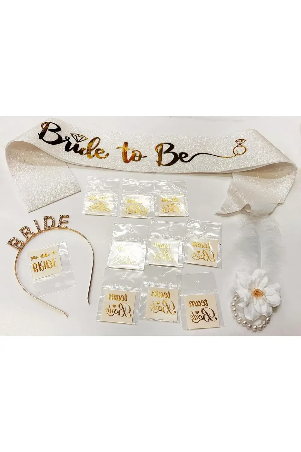 Altın Renk Bride Partisi Taç Kuşak Dövme Bileklik Seti Full 13 Pa