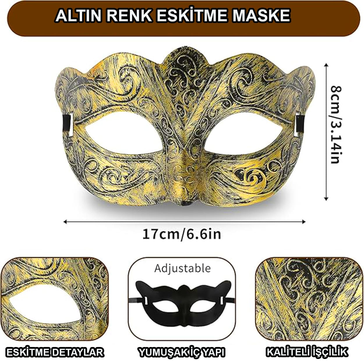 Altın Renk Eskitme Maskeli Balo Maskesi – Venedik Tarzı Parti Mas