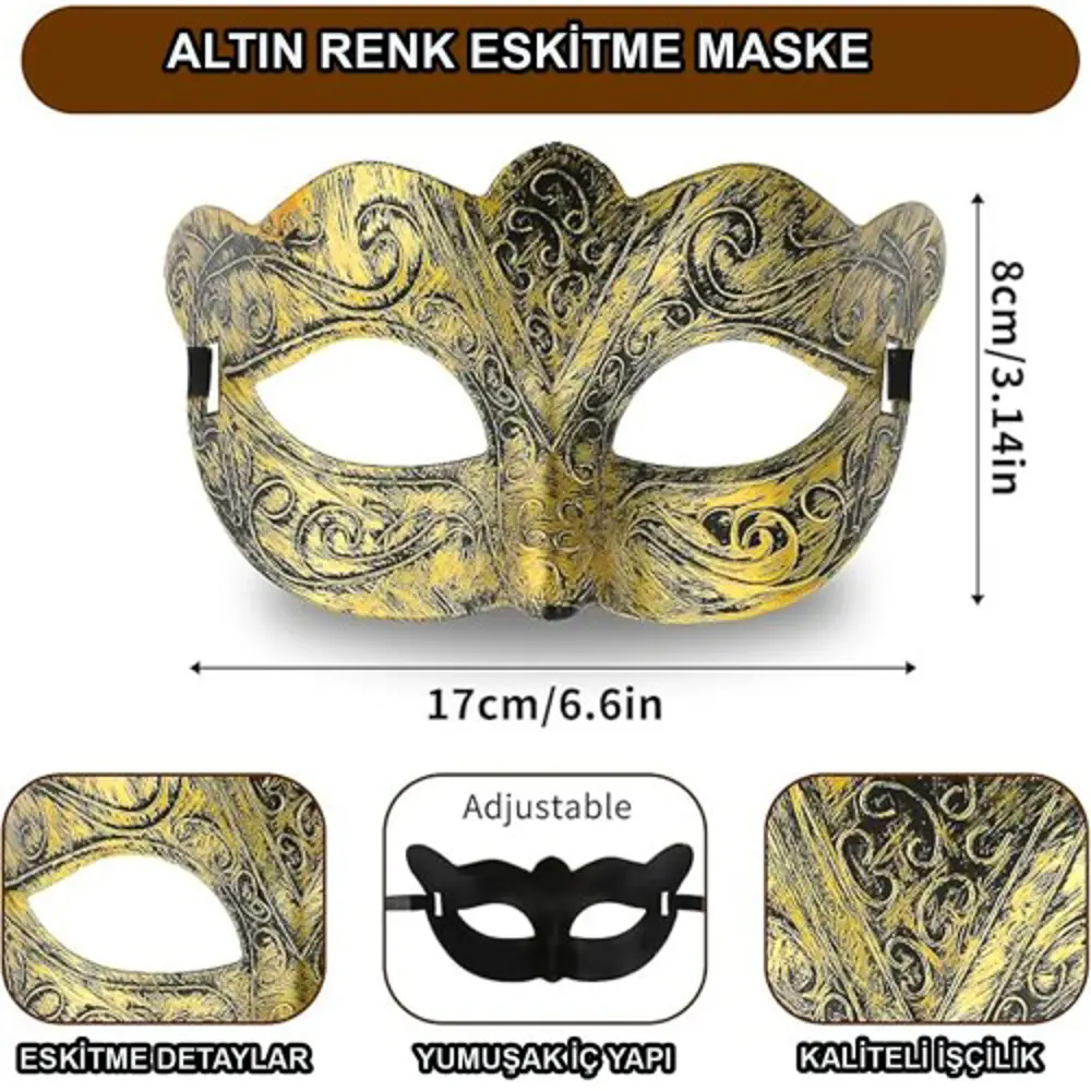 Altın Renk Eskitme Maskeli Balo Maskesi – Venedik Tarzı Parti Mas
