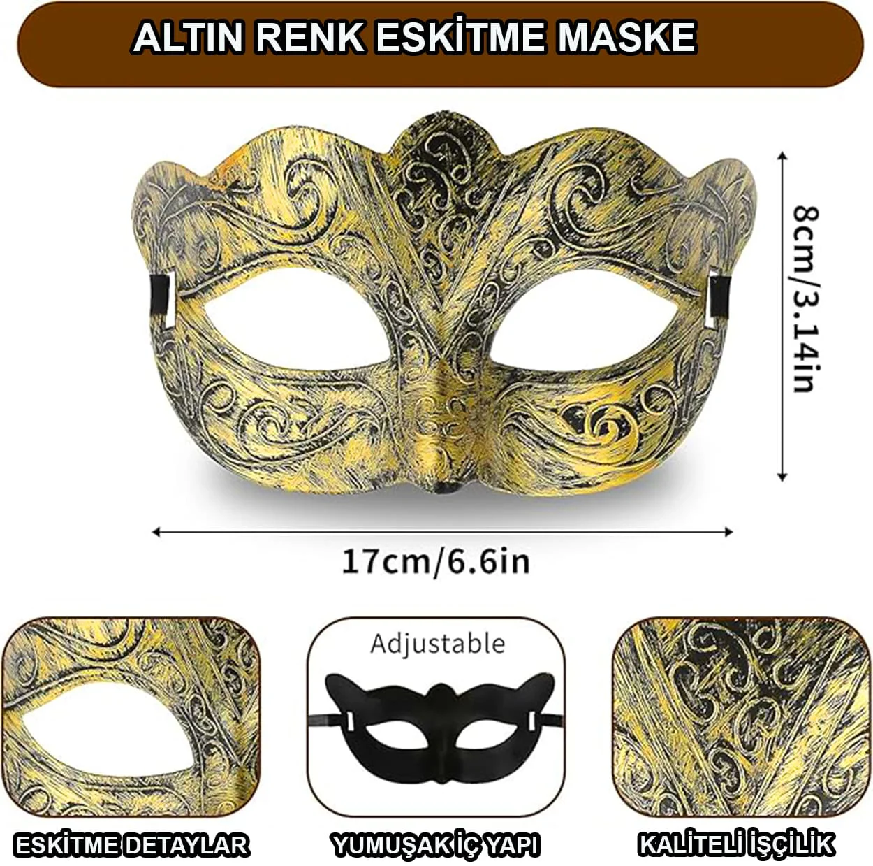 Altın Renk Eskitme Venedik Maskesi – Maskeli Balo ve Parti İçin Şık Aksesuar