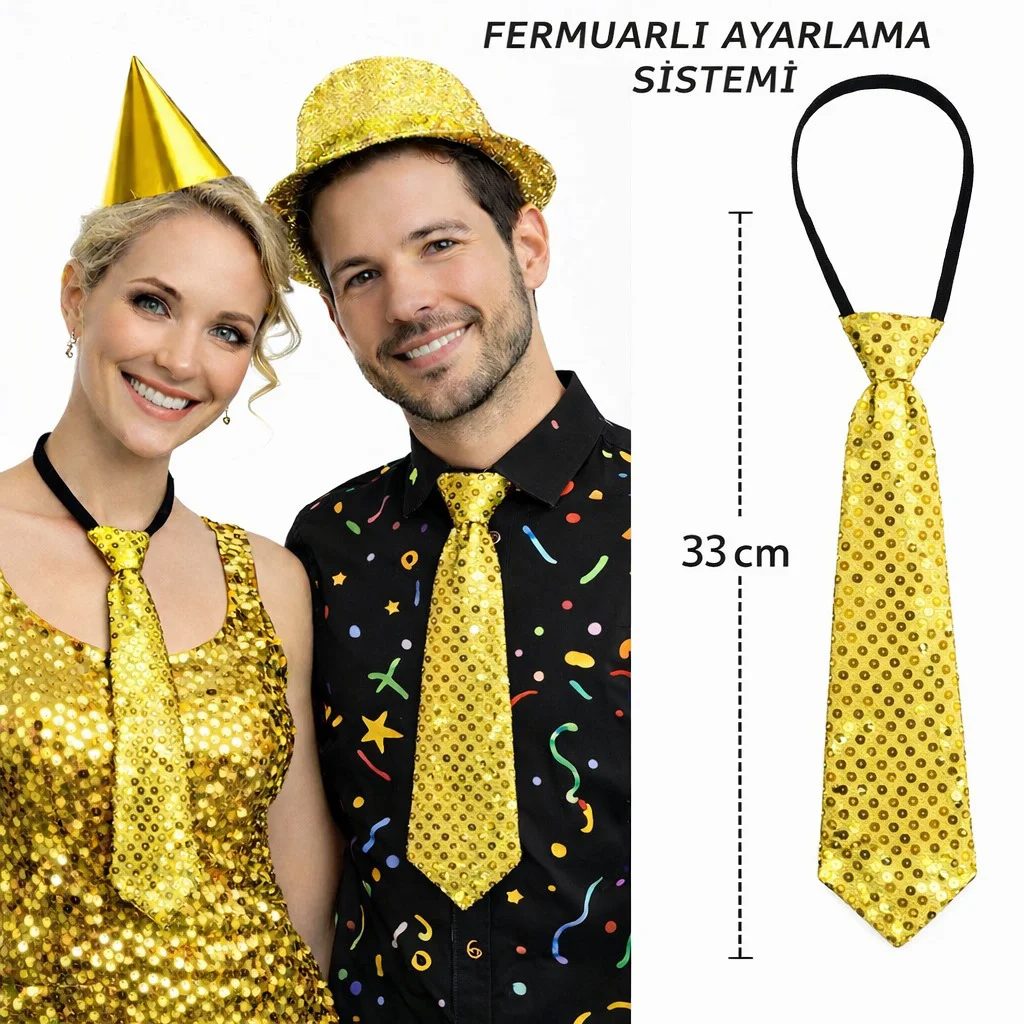 Altın Renk Pul Payetli Parti Kravatı – 33 cm Fermuarlı Ayarlı Işıltılı Kravat