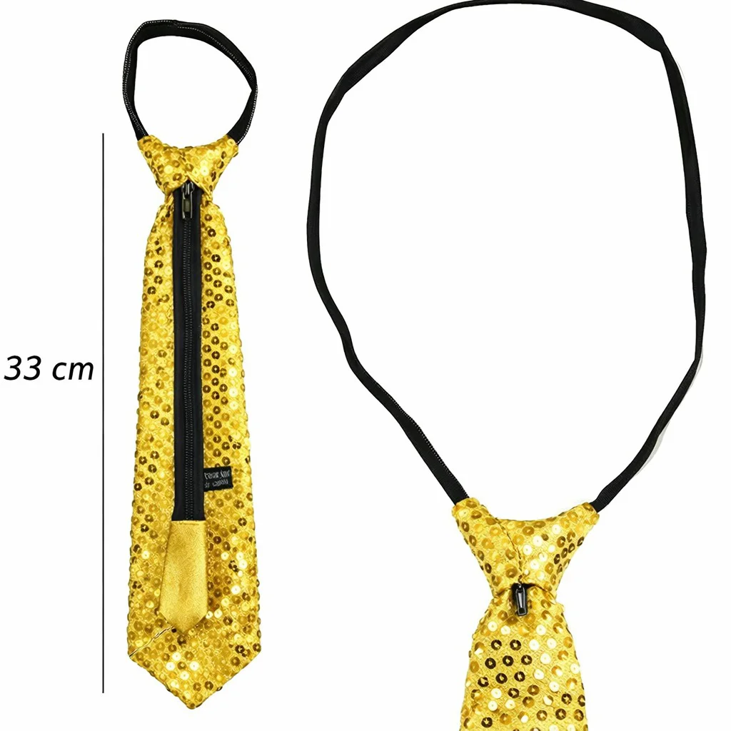 Altın Renk Pul Payetli Parti Kravatı – 33 cm Fermuarlı Ayarlı Işıltılı Kravat