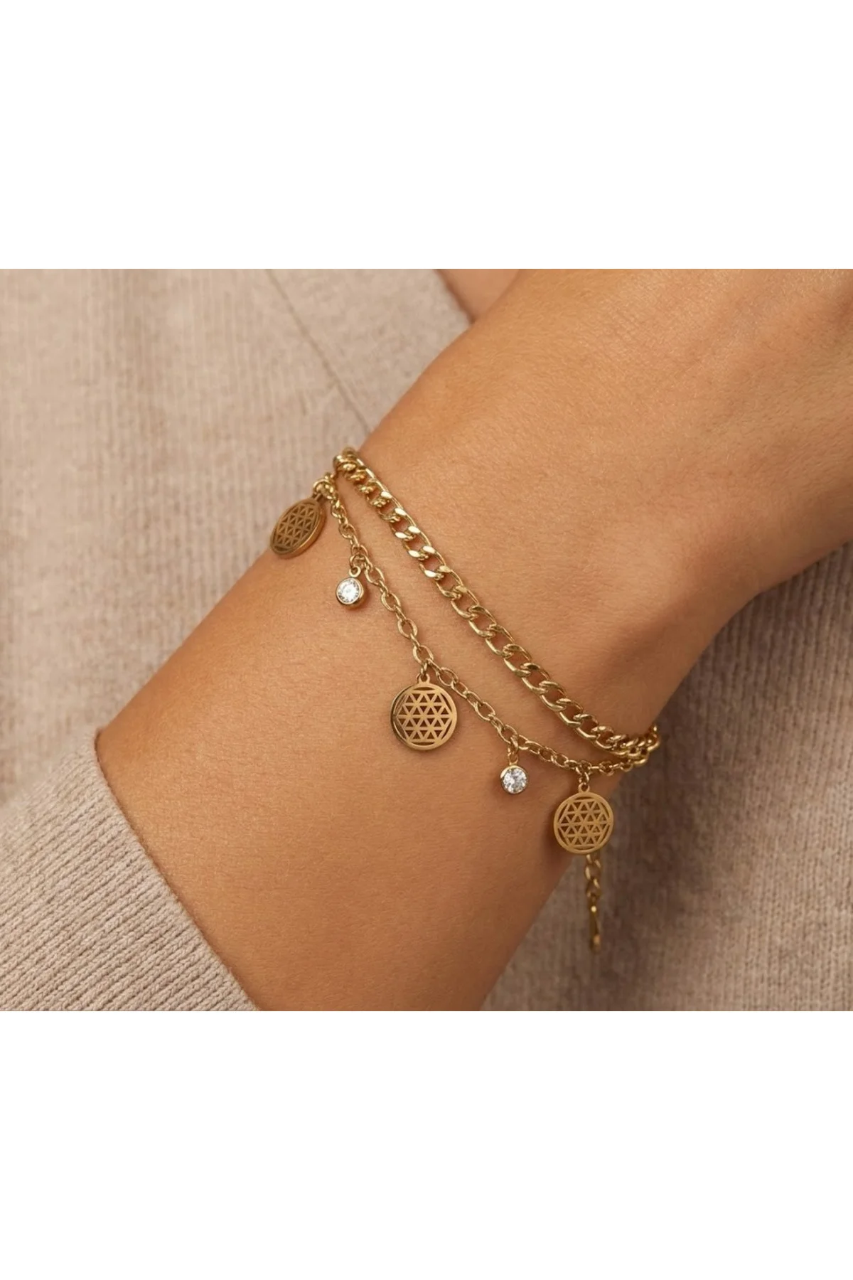Altın Renkli Cift Zincirli Taş Ve Pul Detaylı Çelik Bileklik