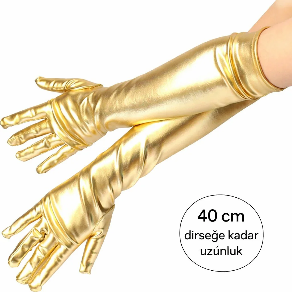 Altın Saten Dirsek Altı Eldiven 40 cm – Parti, Sahne & Kostüm Aksesuarı