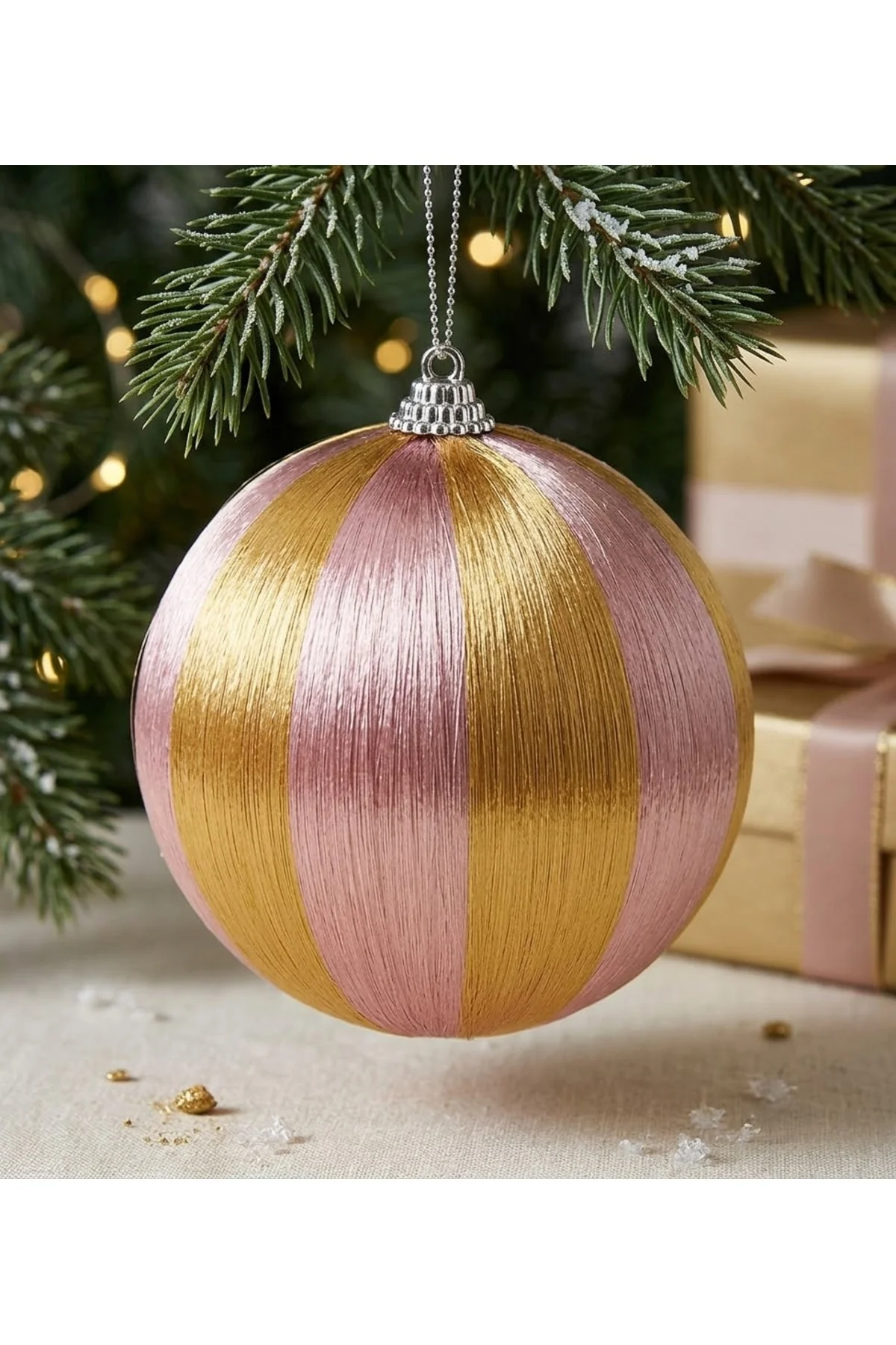 Altın ve Pembe Çizgili İpek Dokulu Küre Yılbaşı Ağaç Süsü 3 adet (6 cm) Altın ve Pembe Çizgili İpek Dokulu Küre Yılbaşı Ağaç Süsü 3 adet (6 cm)