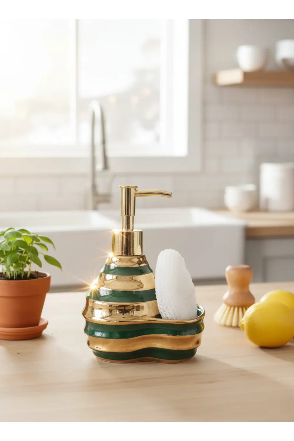 Altın Yaldızlı Porselen Sünger Bölmeli Sıvı Sabunluk 200 ml – Sün