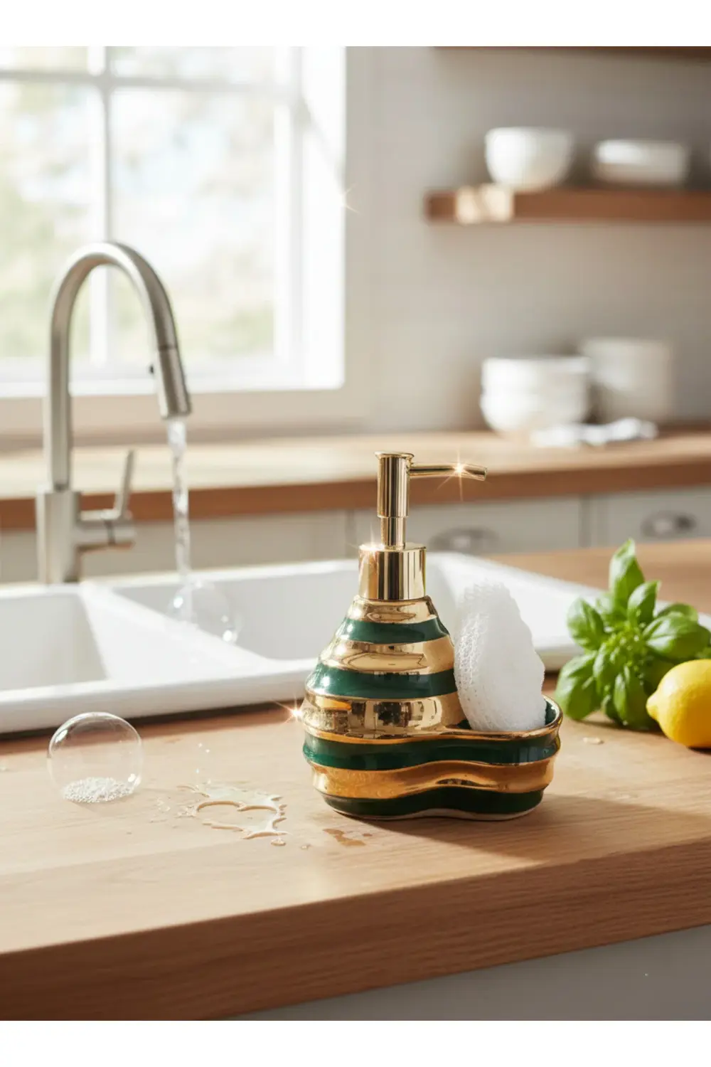 Altın Yaldızlı Porselen Sünger Bölmeli Sıvı Sabunluk 200 ml – Sün