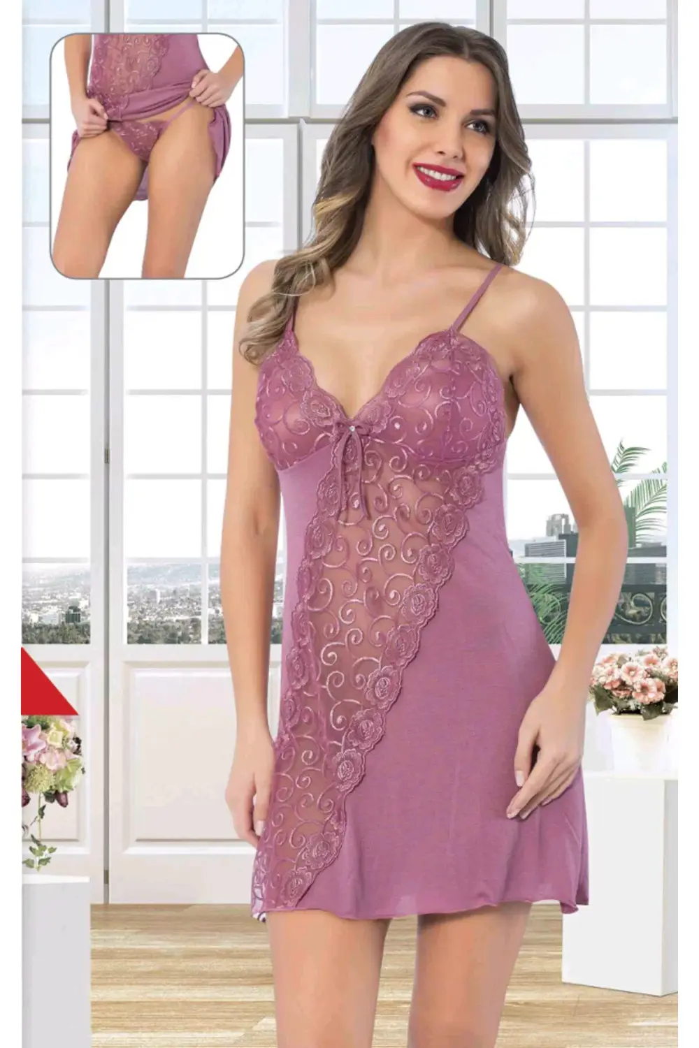 ALTINAY İnce Askılı Dantelli Gecelik Külot Hediyeli