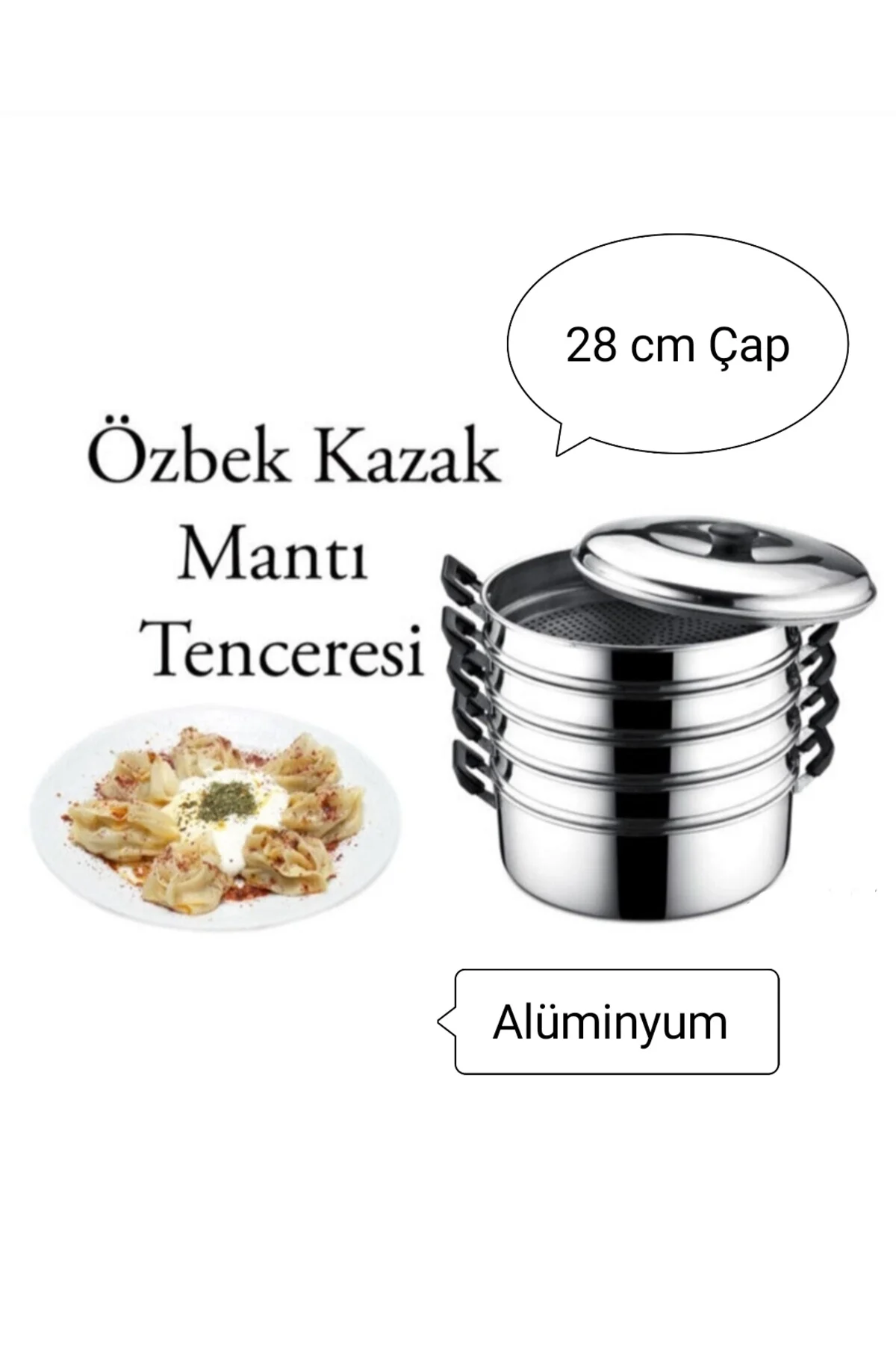 Alüminyum 5 katlı küçük boy buharlı mantı tenceresi seti 28 cm 3,4 L 6 parça metalik