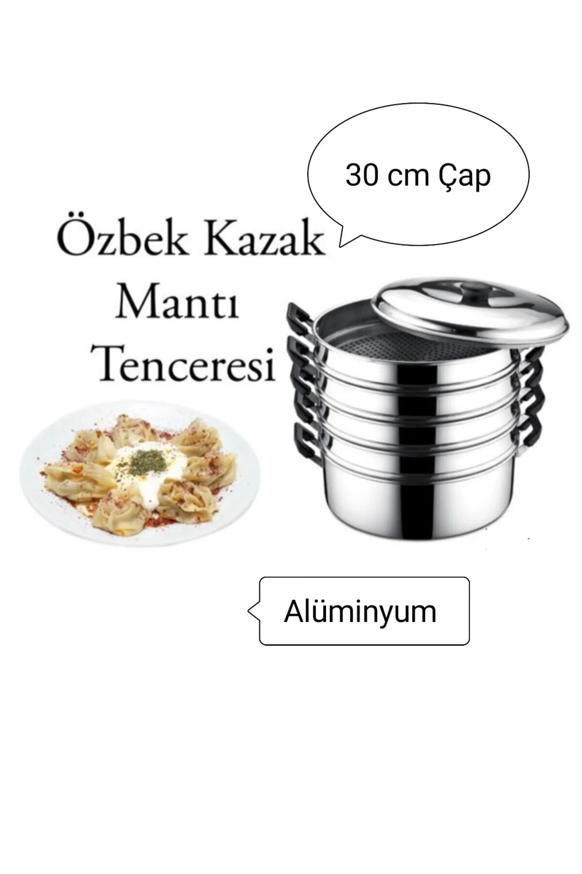 Alüminyum dış ve iç yüzeyli, 5 katlı, 6 parçalı, 3.815 L hacimli buharlı mantı tenceresi