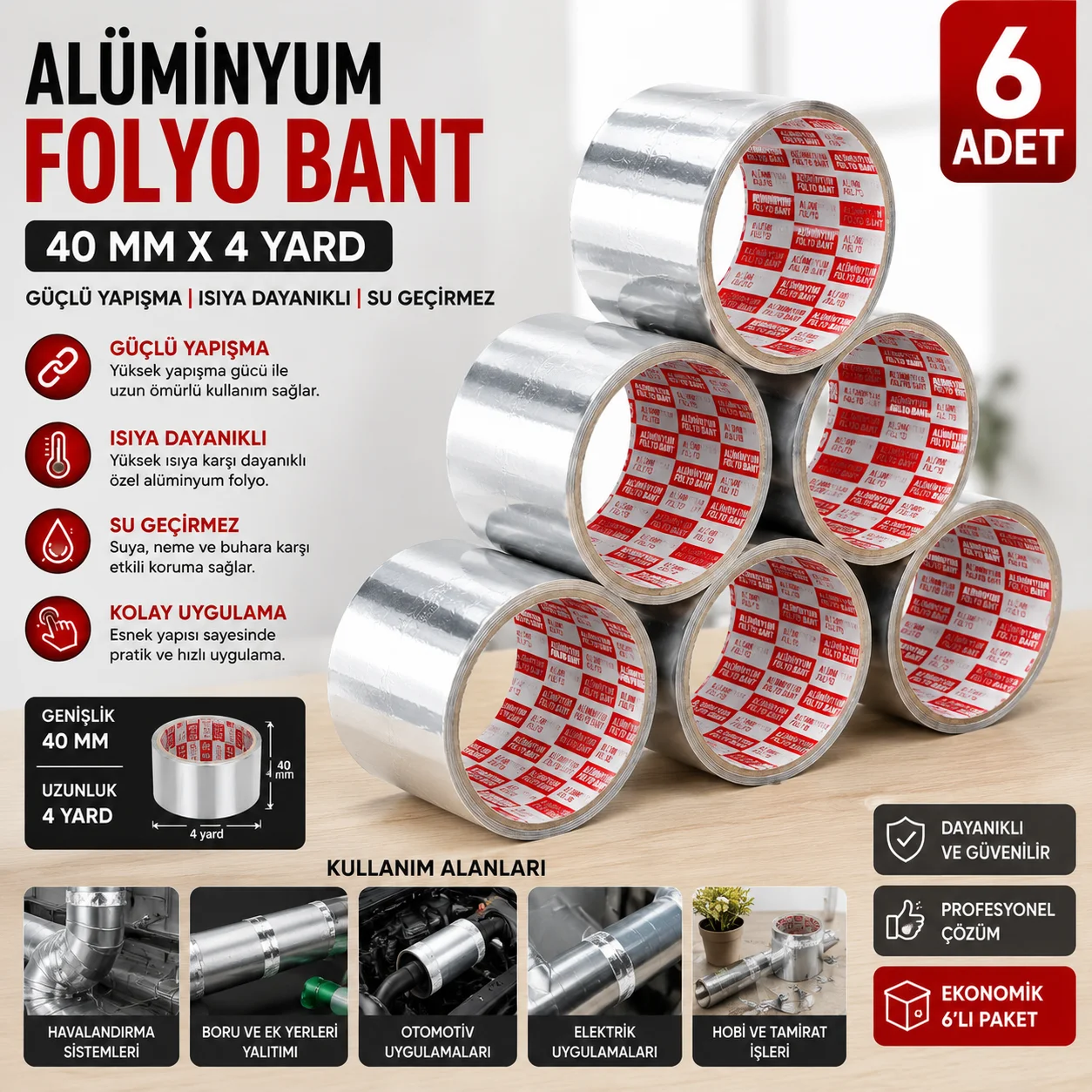 Alüminyum Folyo Bant 40 MM x 4 Yard 6'lı Paket | Isıya Dayanıklı İzolasyon Bandı