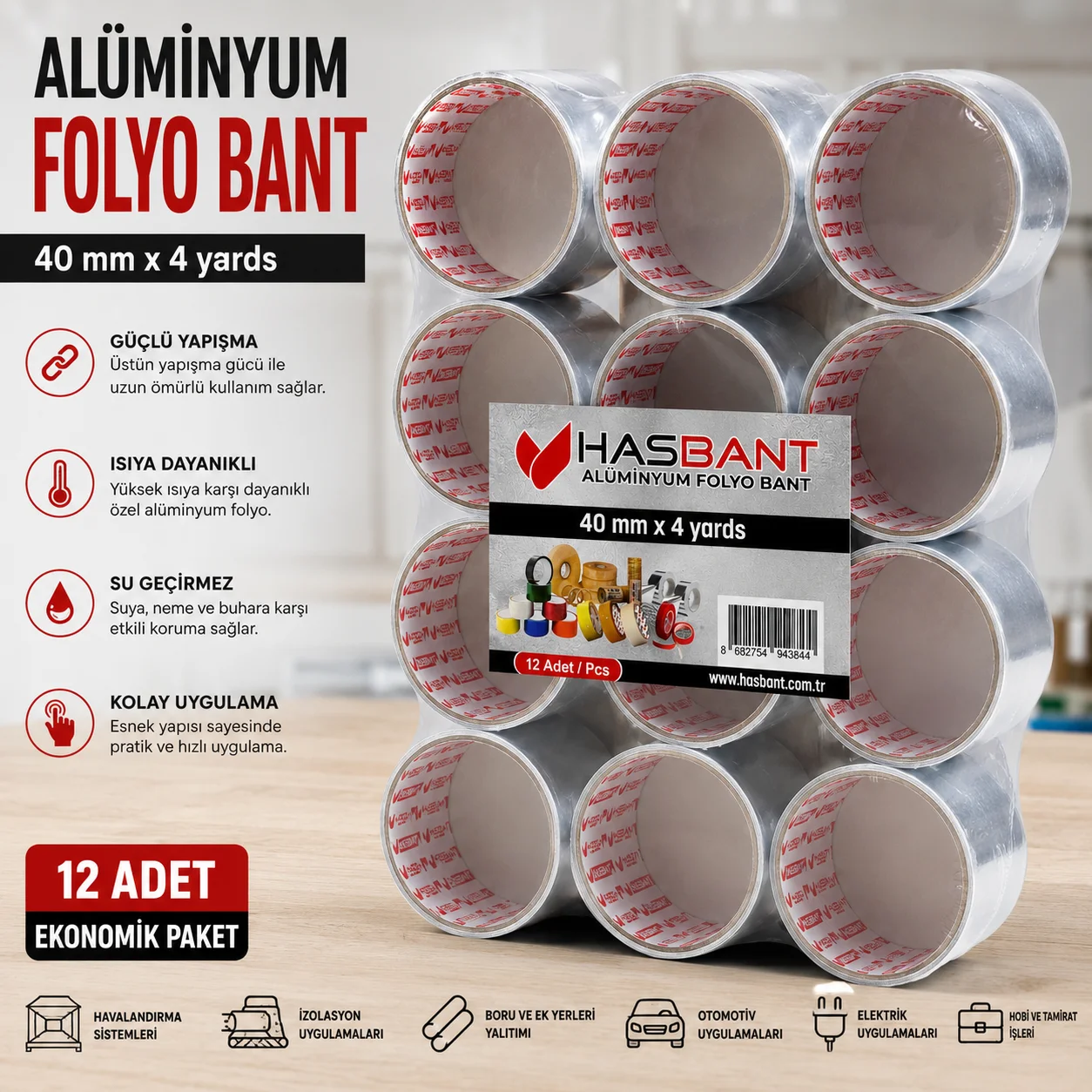 Alüminyum Folyo Bant 40mm x 4 Yard 12'li Paket | Isıya Dayanıklı İzolasyon Bandı