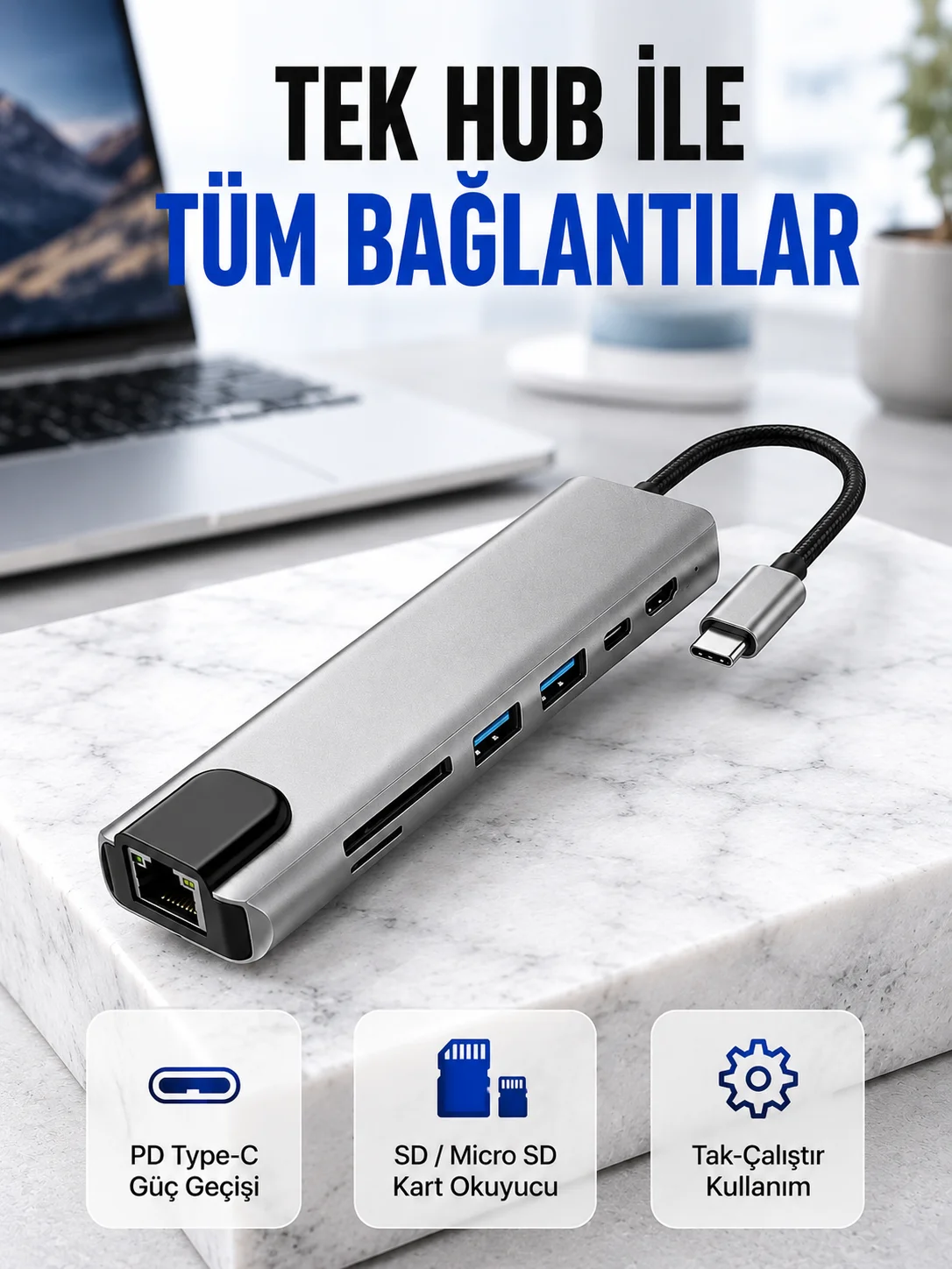 Alüminyum Gövdeli Type‑C HDMI & Ethernet Adaptör – Tak & Çalıştır